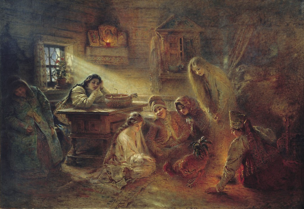 Een schilderij van Konstantin Makovsky met daarop meisjes in traditionele Russische klederdracht die proberen de toekomst te voorspellen met behulp van een haan.